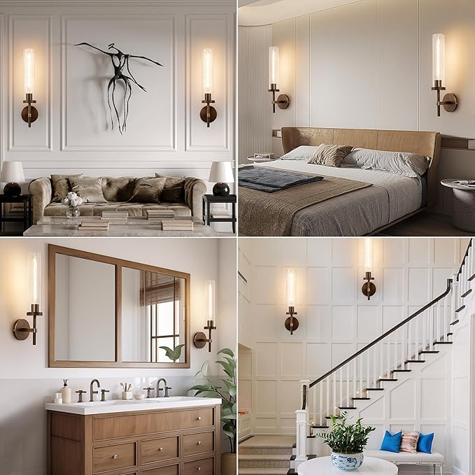 19.5" Knurled Brass Wall Sconce with Clear Glass Tube, Bronze Bathroom Vanity Light Fixtures, Modern Lamp Lighting for Bedroom, Living Room, Hallway, Staircase, Mirror, Kitchen