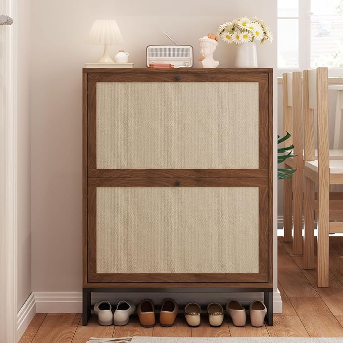 Shoe Cabinet with 2 Flip Drawer Drawer, Modern Shoe Organizer Freestanding Shoe Cabinet Storage, Shoe Storage Shoe Rack for Closet with Linen Doors Drawer in Hallway, Entrance (Walnut)