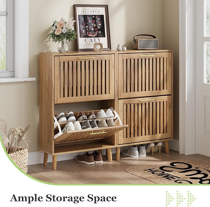 Shoe Storage Cabinet with Louvered 2 Flip Drawers, Narrow Shoe Cabinet Storage for Entryway, Freestanding Shoe Organizer Cabinet with Golden Handles, Slim Shoe Rack Cabinet 23.5in (Natural Wood)