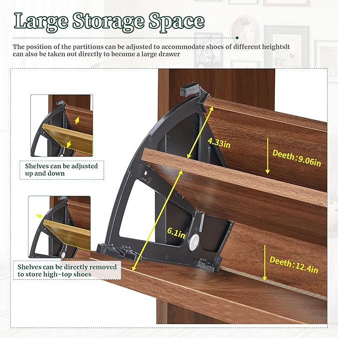 Narrow Shoe Cabinet for Entryway, Fluted Shoe Cabinet Storage with 2 Flip Drawers, Slim Shoes Rack Organizer (Walnut)