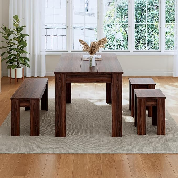 62.9" Wooden Dining Table with Bench and 2 Stools, Modern Kitchen Table and Chairs Set for 4 or 5 Person, Thickened MDF Wooden Table for Dining Room, Kitchen