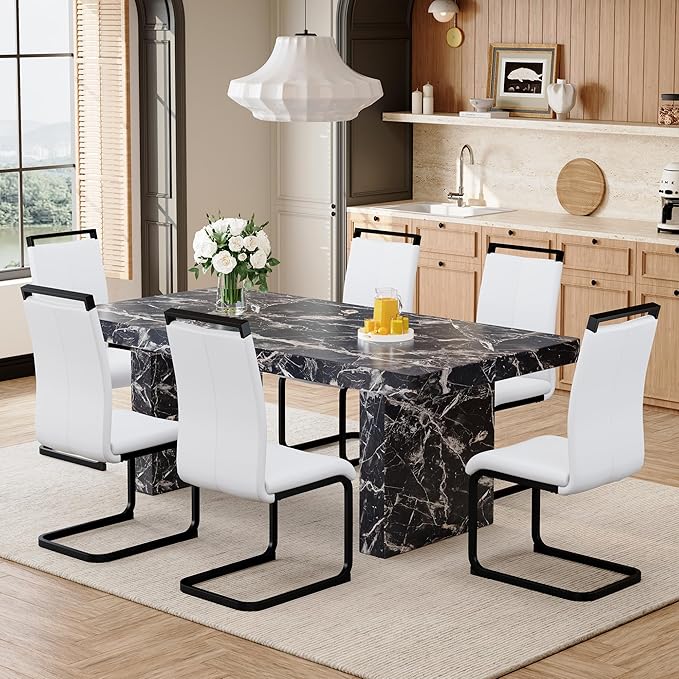 Ebullient Marble Dining Table Set for 6, 79'' Black Kitchen Table Set for 6, 3.5'' Thick Wooden Top with Rectangle Heavy Duty Legs, Modern Dining Table and Upholstered Chairs Set of 6, Marble Grain