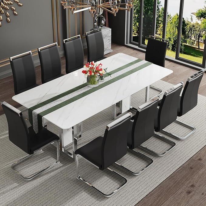 79'' Modern Dining Table Set for 10,White Kitchen Table Set,Luxury Dining Table Set with 1.8-inch Thick Faux Marble Table Top＆10 Pu Leather Upholstered Chairs Ideal for Dining kicken Room