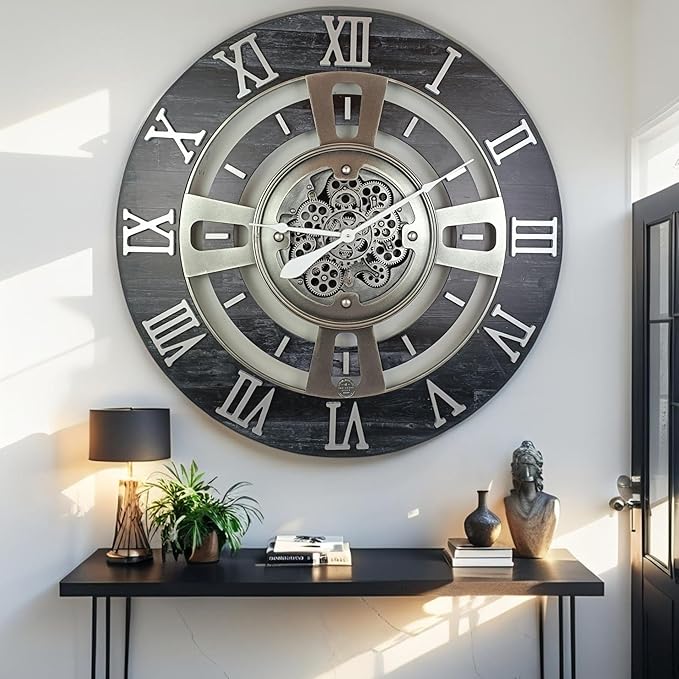 The Gears Clock Real Moving Gear Wall Clock England Line (Vintage Black, 24 inches (60 cm))