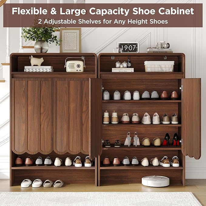 Vabches Shoe Storage Cabinet with Wave Panel Doors, 5-Tier Shoe Cabinet with Adjustable Shelves, 45'' Tall Freestanding Narrow Shoe Organizer for Entryway, Front Door, Hallway, Wood Legs, Brown