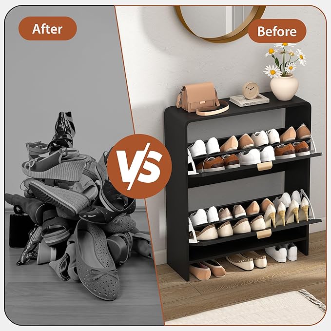 Curved Narrow Shoe Storage Cabinet for Entryway with 2 Flip Drawers, Wood Shoe Cabinet with Arched Panel, Freestanding Shoe Organizer Closed Shoe Rack for Hallway, Foyer, Black