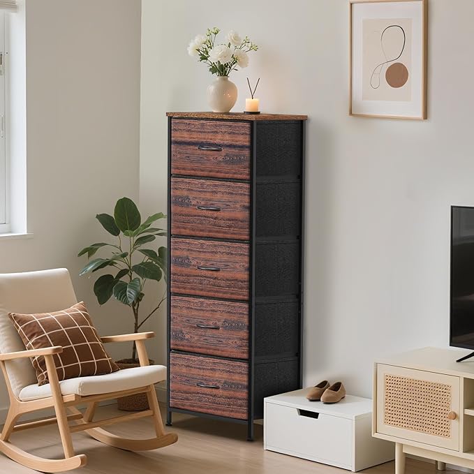 5 Fabric Drawer Dresser for Bedroom, Chest of Drawers with Waterproof Wood Top Tall Dresser for Hallway, Living Room, Kid Room (Rustic Brown)