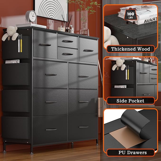 Lulive Dresser for Bedroom with 10 Drawers, Chest of Drawers with Side Pockets and Hooks, PU Storage Dresser, Organizer Unit for Living Room, Hallway, Closet (Black)
