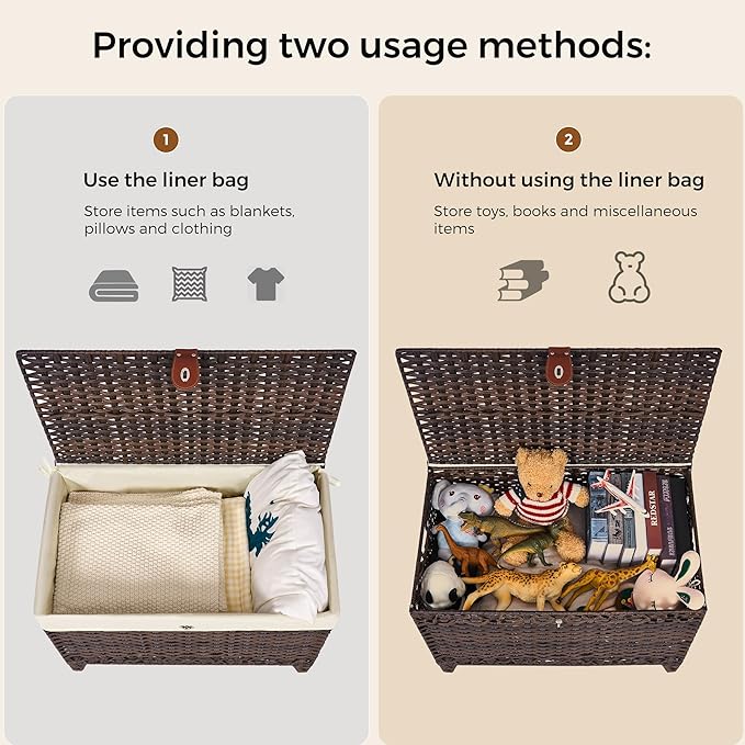 Wicker Storage Basket with Lid,Rattan Shelf Basket with Removable Liner Bag,105L Storage Bin,Storage Trunk with Heightened Feet,Storage Container for Wardrobe,Home Organizer