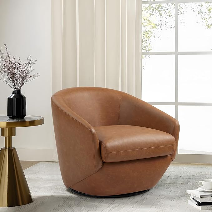 Swivel Barrel Accent Chair, Modern Round Faux Leather Arm Chair for Living Room, Bedroom, Comfy Club Reading Chairs for Adults(Faux Leather, Brown, Set of 1)
