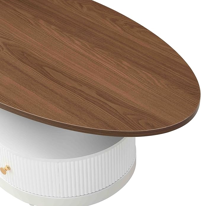 SSLine Luxury Nesting Coffee Table Set with Curved Base Modern Living Room Table Set of 2 Include Oval Coffee Table with Drawer and Round End Table for Living Room Bedroom,White Walnut