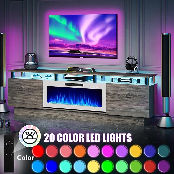 80" Modern Fireplace TV Stand with 36" Electric Fireplace for TVs Up to 90 inch, Luxury LED Light Entertainment Center with High Gloss Cabinet, Grey + Silver Posts with White Fireplace