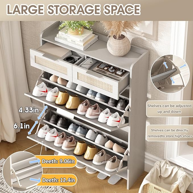 Rattan Shoe Storage Cabinet with 2 Flip Drawers & 2 Drawers, Freestanding Organizer for Front Door Entrance, Hidden Narrow Shoe Rack Cabinet Storage for Entryway, Antique White