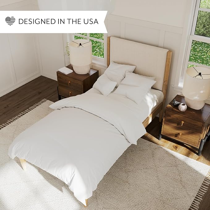 DG Casa Reign Boucle Mid-Century Modern Twin Size Wooden Platform Bed Frame - Upholstered in Taupe Boucle - Solid Wood with Natural Finish