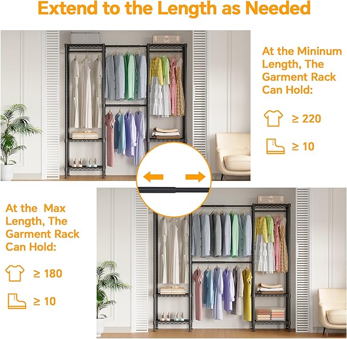 H10 Clothing Rack for Hanging Clothes, Expandable Clothes Rack, Freestanding Closet Rack, Heavy Duty Garment Rack, Organizer with Hanger Rods, Extendable from 4.6 to 5.1 ft, Black