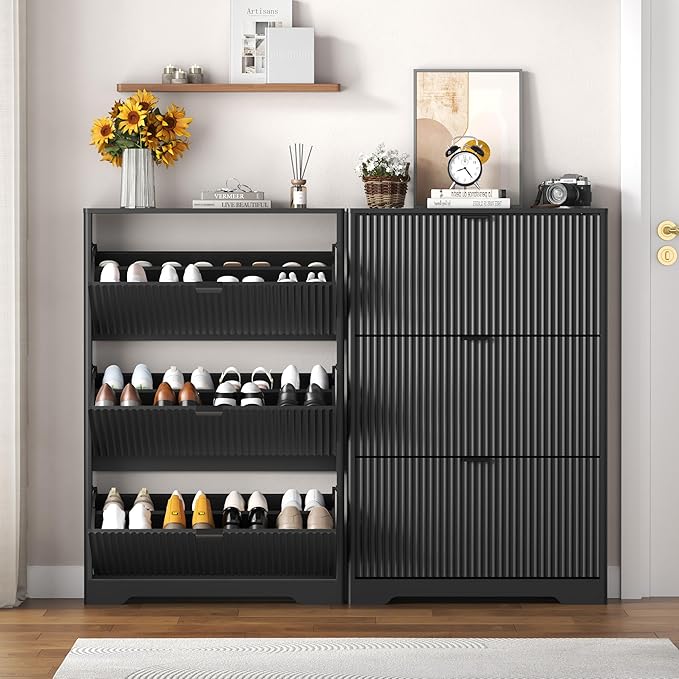 Shoe Cabinet Storage for Entryway with 3 Flip Drawers, Black Fluted Shoe Cabinet with Adjustable Shelves, Wooden Hidden Shoe Rack Freestanding Narrow Slim Shoes Storage for Hallway, Entrance