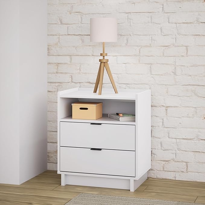 Prepac Simply Modern Nightstand Bedside Table, White Nightstand for Bedroom, End Table with 2 Drawers and Open Shelf 23.75" W x 26.75" H x 16" D