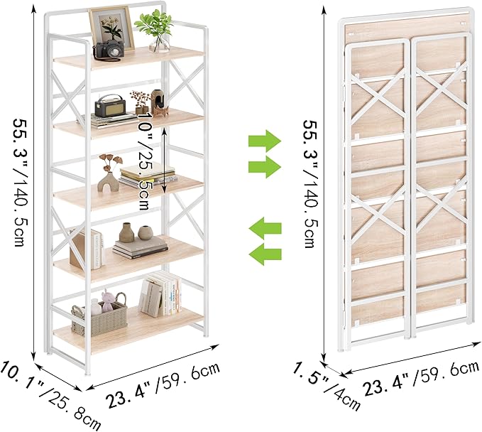 No Assembly Folding Bookshelf, 5 Tiers Vintage Wood Collapsible Book Shelf for Storage,Industrial Metal Foldable Bookcase Organizer for Living Room Bedroom Home Office (Beige)