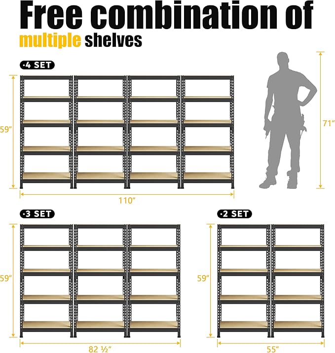 PrimeZone Storage Shelves 5 Tier Adjustable Garage Storage Shelving, Heavy Duty Metal Storage Utility Rack Shelf Unit for Warehouse Pantry Closet Kitchen, 28" x 12" x 59", Black, 6 Packs