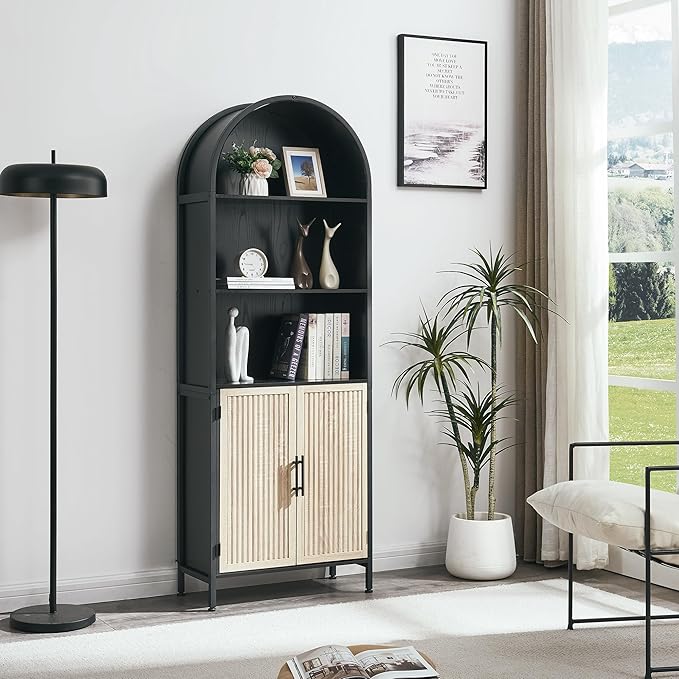 Arched Bookcase Book Shelf with Doors, 5 Tier Tall Display Bookshelf Cabinet with Storage, Industrial Floor Standing Bookshelves Open bookcases for Home Office, Living Room(Oak&Black)