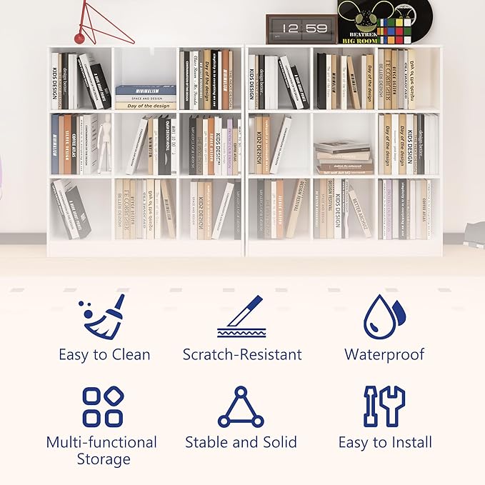 9-Cube Wooden Bookshelf with Base,3-Tier Freestanding Open Storage Organizer,Multi-Functional Bookcase for Living Room,Bedroom,Study and Office (White, 9-Cube)