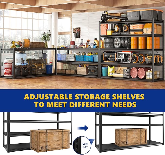 REIBII 48.2" W Garage Shelving Heavy Duty Metal Shelving 3000LBS Storage Shelves Adjustable Metal Shelf Industrial 5 Tier Shelves for Basement Pantry Warehouse Supermarket 72.2" H x 24.2" D x 48.2" W