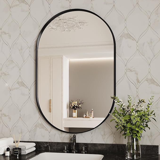 Suidia 26" x 38" Bathroom Mirror, Bathroom Vanity Mirror Metal Framed, Wall-Mounted Mirrors for Bedroom, Living Room, Entryway, Hallway, Black, Oval Style