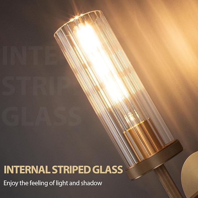 15" Knurled Brass Wall Sconces Set of 2, Gold Bathroom Vanity Light Fixtures with Vertical Striped Glass Tube, Modern Lamp Lighting for Bedroom, Living Room, Hallway, Staircase, Mirror, Kitchen