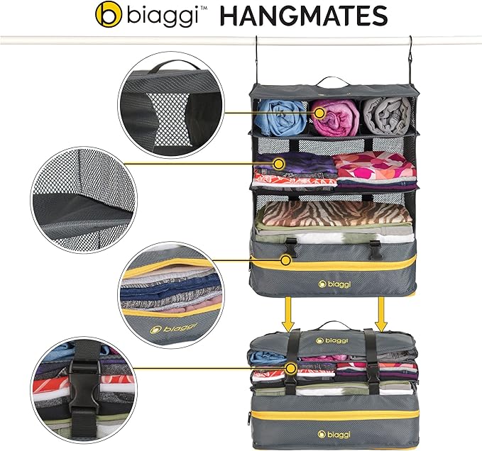 Biaggi Hangmates 3-Tiered ZipCube - Hanging Shelf Cube with Packing Compartments for Travel Organization - Lightweight and Durable - Dimensions 19”x 16” x 11.5” Opened - LARGE