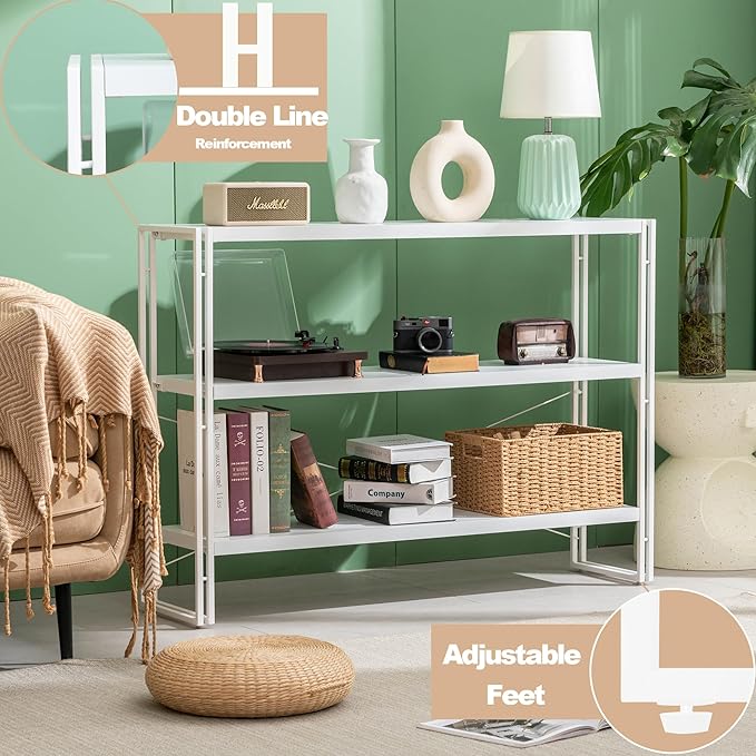 HCHQHS Bookshelf, 3-Tier Industrial Bookcase, White Open Book Shelf, Freestanding Horizontal Bookshelves with Metal Frame