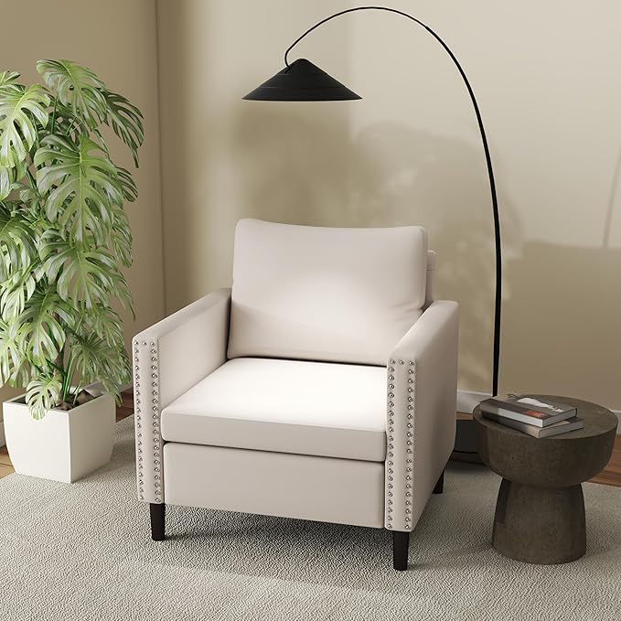 MOJAY Linen Cotton Accent Chair, Living Room Chair Comfy Armchair with Thick Padded Cushion, Lounge Sofa Club Chair with Sturdy Wood Legs for Bedroom Home Office (White, 1 Pack)