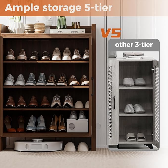 Shoe Cabinet Storage for Entryway, Natural Rattan Storage Cabinet, Wooden Shoe Rack, Farmhouse Boho Wood Shoe Organizer Cabinet for Hallway Walnut