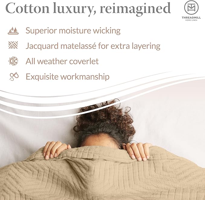 Threadmill Luxury Cotton Blankets for King Size Bed | All-Season Cozy 100% Cotton Blanket | Aster Jacquard Soft & Lightweight Coverlet fits California King Size Bed, 104x92 | Beige