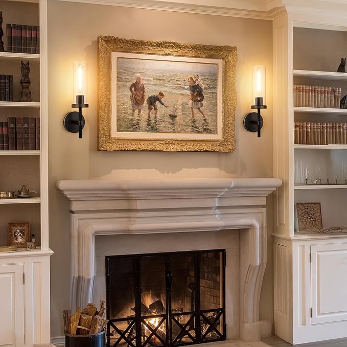 15" Knurled Brass Wall Sconce with Clear Glass Tube, Black Gold Bathroom Vanity Light Fixtures, Modern Lamp Lighting for Bedroom, Living Room, Hallway, Staircase, Mirror, Kitchen