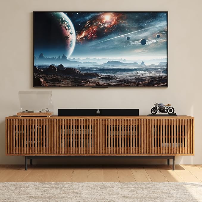 POVISON Mid-Century Modern TV Stand with Slatted Doors, Fully Assembled 78.74" Wood Media Console, TV Console with Tall-cast Metal Legs, Entertainment Center with Storage for Living Room