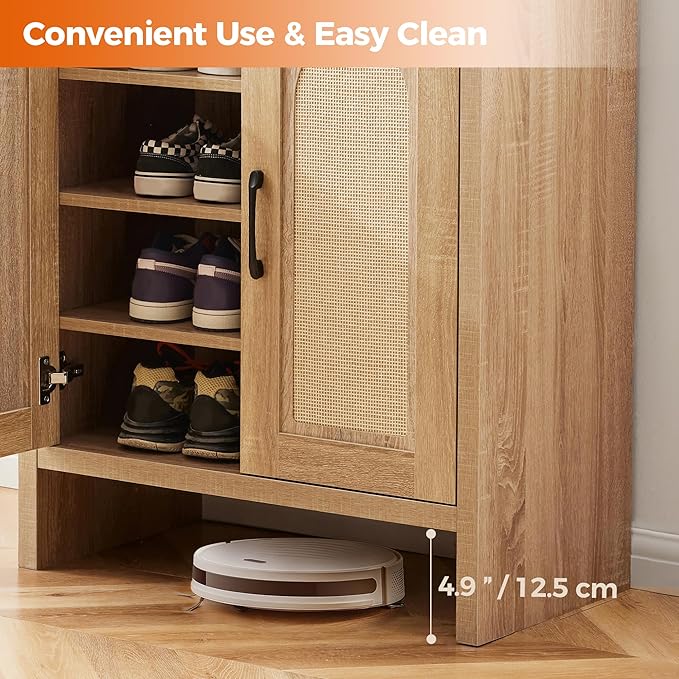 Shoe Cabinet Storage for Entryway, Natural Rattan Shoe Storage Cabinet, Wooden Shoe Rack Cabinet, Farmhouse Boho Wood Shoe Organizer Cabinet for Hallway
