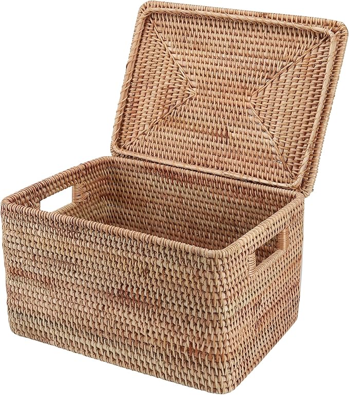 Rattan Basket With Lid, Large Lidded Basket For Storage(15.75" L×14.17" W×11.81" H)