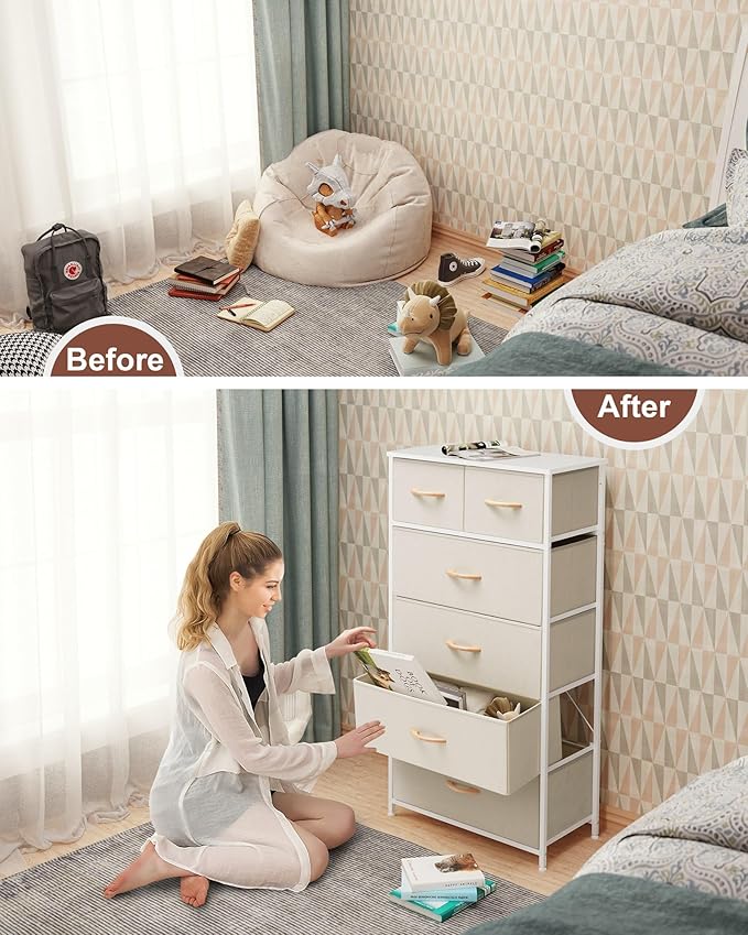 Crestlive Products Dresser for Bedroom Tall Skinny Dresser Storage Tower - Sturdy Steel Frame, Wood Top, Fabric Bins, Wood Handles - Organizer Unit for Entryway, Hallway, Closets - 6 Drawers (Beige)