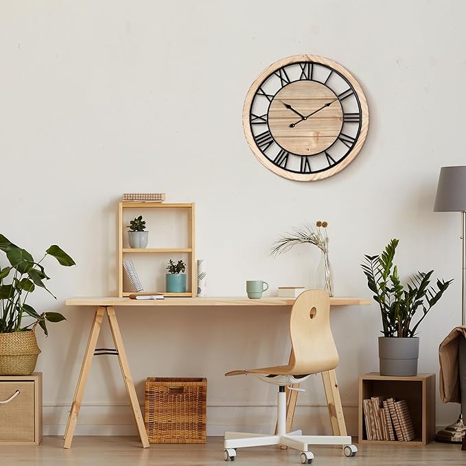 Maxstar 20'' Wall Clock for Living Room Decor, Ultra-Silent Rustic Wooden Farmhouse Wall Clock with Metal & Real Wood Frame, Battery Operated, for Kitchen Bedroom Office, Roman Numerals