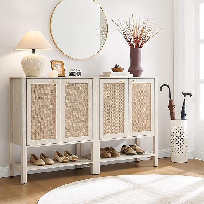 SICOTAS Shoe Storage Cabinet for Entryway - 5 Tier Rattan Entry Shoe Organizer Cabinet with Shelves & Doors, 2 Pieces Farmhouse Boho Shoe Rack for Hallway, Living Room, Closet (White Cream Oak)