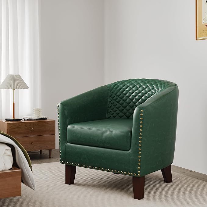 Accent Barrel Chair, Upholstered Faux Leather Club Chair with Nailed Trim, Comfy Reading Armchair for Living Room Bedroom Reception Room Office (Dark Green, Set of 4)