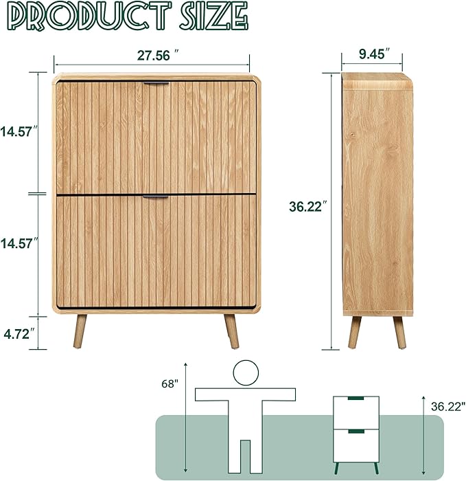 Narrow Shoe Cabinet for Entryway, Fluted Shoe Cabinet Storage with 2 Flip Drawers, Slim Shoes Rack Organizer (Natural)