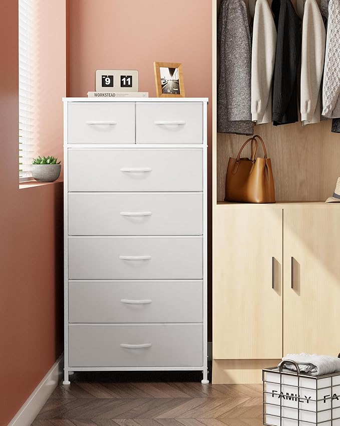 Crestlive Products Vertical Dresser Storage Tower - Sturdy Steel Frame, Wood Top, Easy Pull Fabric Bins, Handles - Organizer Unit for Bedroom, Hallway, Entryway, Closets - 7 Drawers (White)