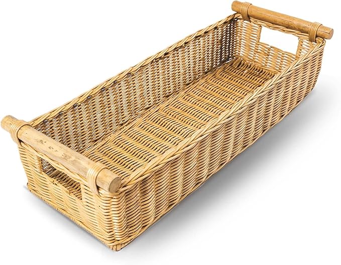 The Basket Lady Long Narrow Pole Handle Wicker Basket, Large, 21 in L x 8 in W x 6 in H, Sandstone