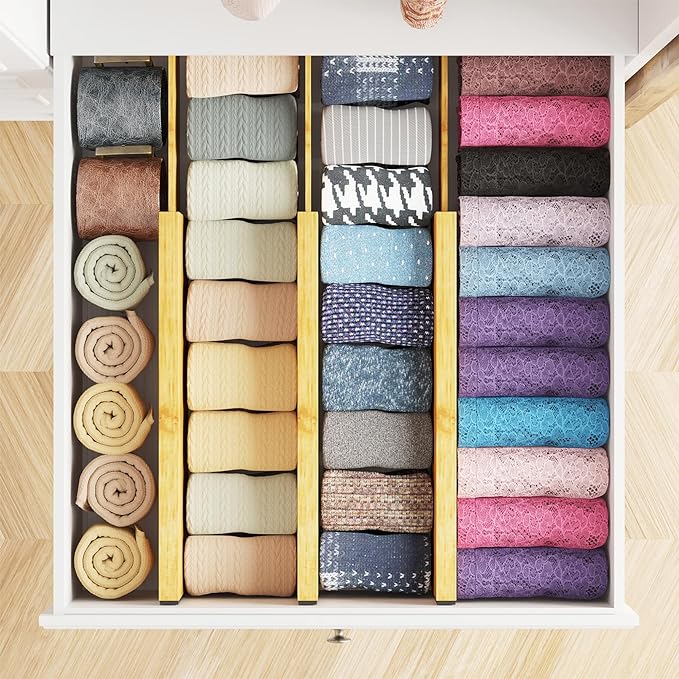SpaceAid Bamboo Dresser Drawer Dividers 6 Pack, 4.65“ High Adjustable 12.5“-17” Drawer Organizers, Expandable Organization for Clothing, Clothes, Dressers, Natural