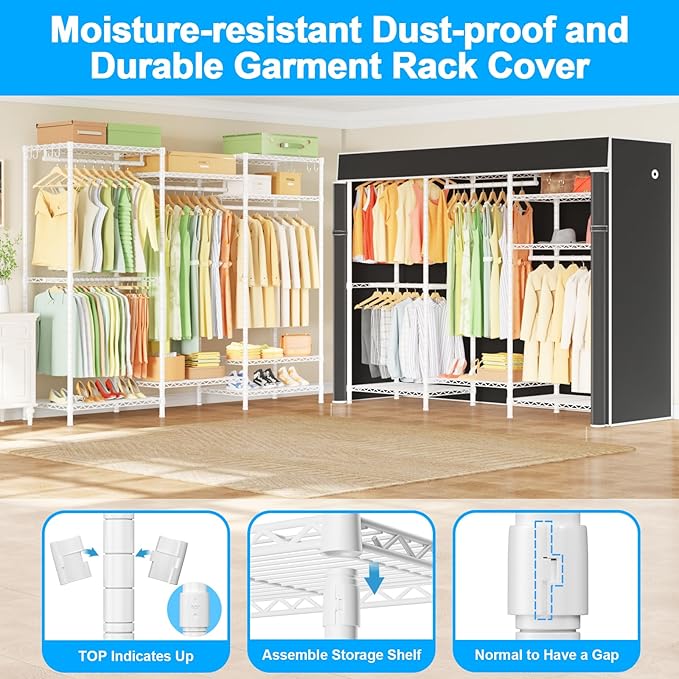 Ulif E13C Heavy Duty Closet Organizer System，Freestanding Clothing Racks for Hanging Clothes，Adjustable Garment Rack 63" W x 16" D x 77" H Hold 960 lbs，White Clothing Rack with Black Dustproof Cover