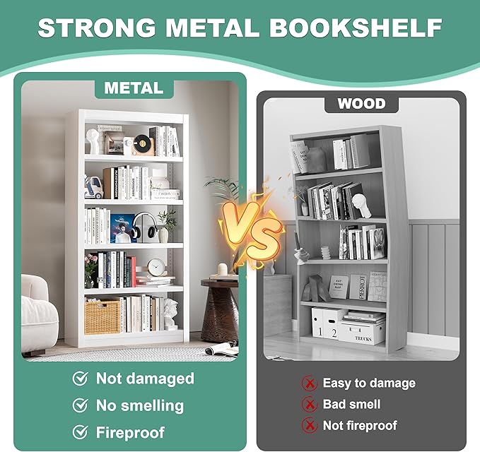 5-Tier Metal Book Shelf, 69” Tall Bookshelf with Adjustable Storsge Shelves, Library Bookcase with Book Stopper, Modern White Bookshelf for Living Room, Office, Bedroom