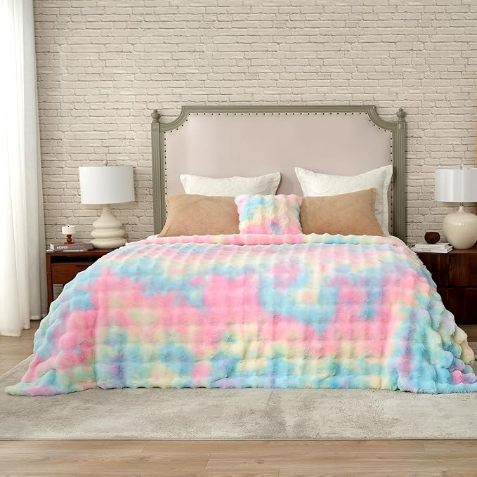 Cozy Bliss Faux Fur Throw Blanket for Couch, Bubble Plush Blanket Queen Size, Fuzzy Soft & Thick Blanket for Bed Sofa Living Room, 90x90 Inches Tie-dye Rainbow