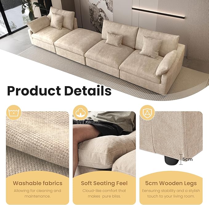 WJShome Cloud Couch Modular Sectional Sofa for Living Room, Down Filled 160" U Shaped Couch with Ottoman,Modern 6 Seater Convertible Couches,All Covers Washable&Replaceable