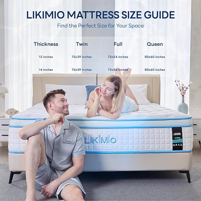LIKIMIO 12 Inch Queen Size Hybrid Mattress, Made in USA, Mattress in a Box, Gel Memory Foam with Cooling Tech, Pocket Springs with Edge Support, Motion Isolation, Medium Feel, Oeko-TEX, CertiPUR-US